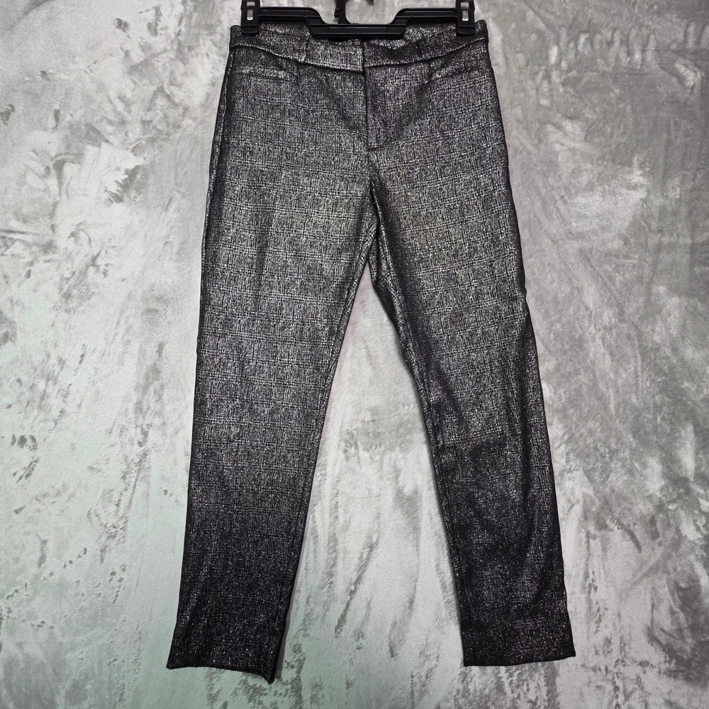 Banana Republic Sloan Metallic Silver Black Plaid Slim Pants Womens 6 Holiday
